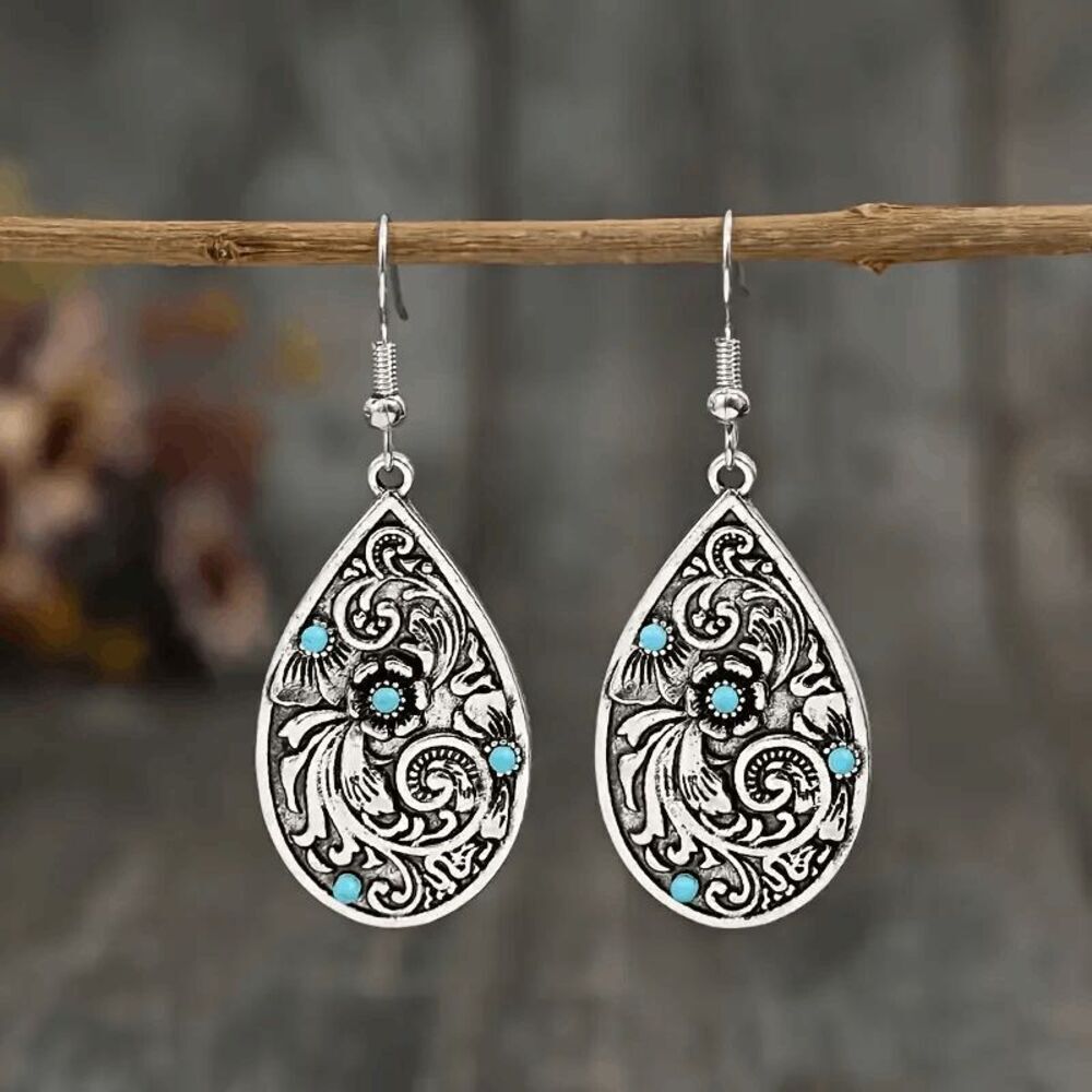 Boho Western Filigree Flower Teardrop Turquoise Dangle Earrings